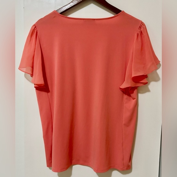Calvin Klein| Pretty Vibrant Coral Flutter-Sleeve Lightweight Top Blouse Sz L - Picture 5 of 5